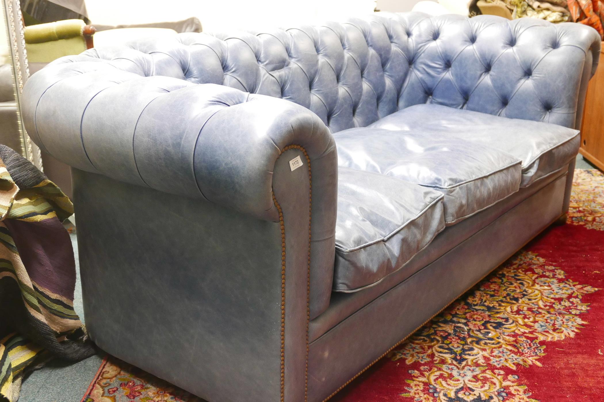 A blue leather high back Chesterfield three seater sofa, 88" x 42", 33" high - Image 3 of 3