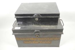 A large metal deed box, 14" x 8" x 10", bears lettering Benjamin Davidson Esq re dec'd. Sidholme