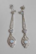 A pair of silver, cubic zirconium and opalite set Art Deco style drop earrings, 2" drop