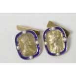 A pair of Russian gilt metal and enamel cufflinks embossed with Nicholas and Alexandra within an