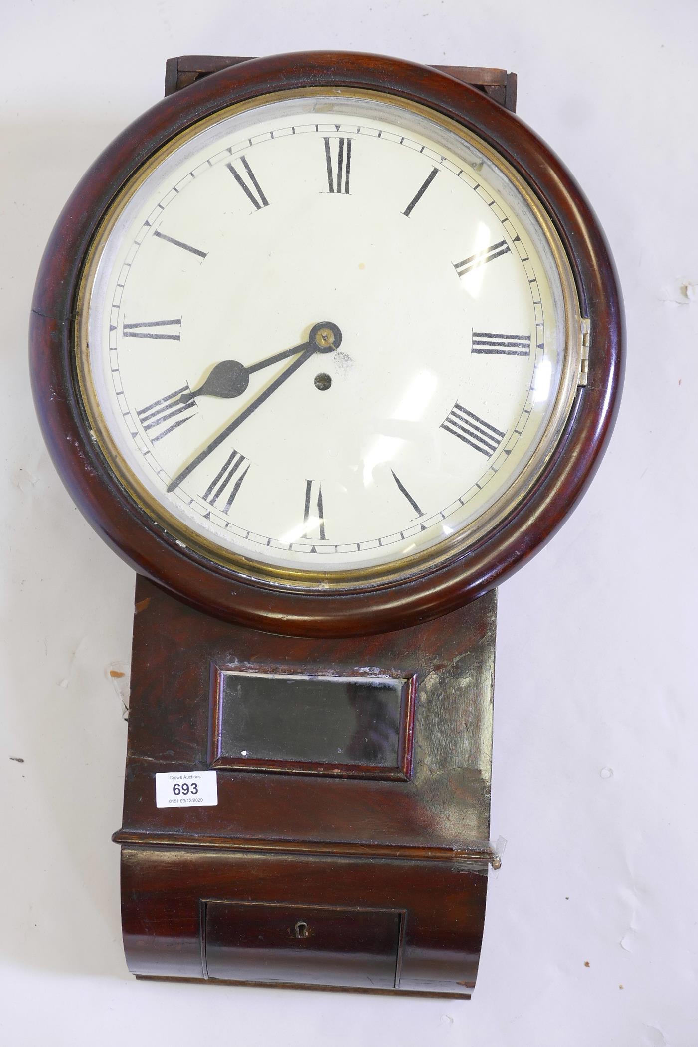 A mahogany cased fusee wall clock, with convex glass and painted 12" dial with Roman numerals and