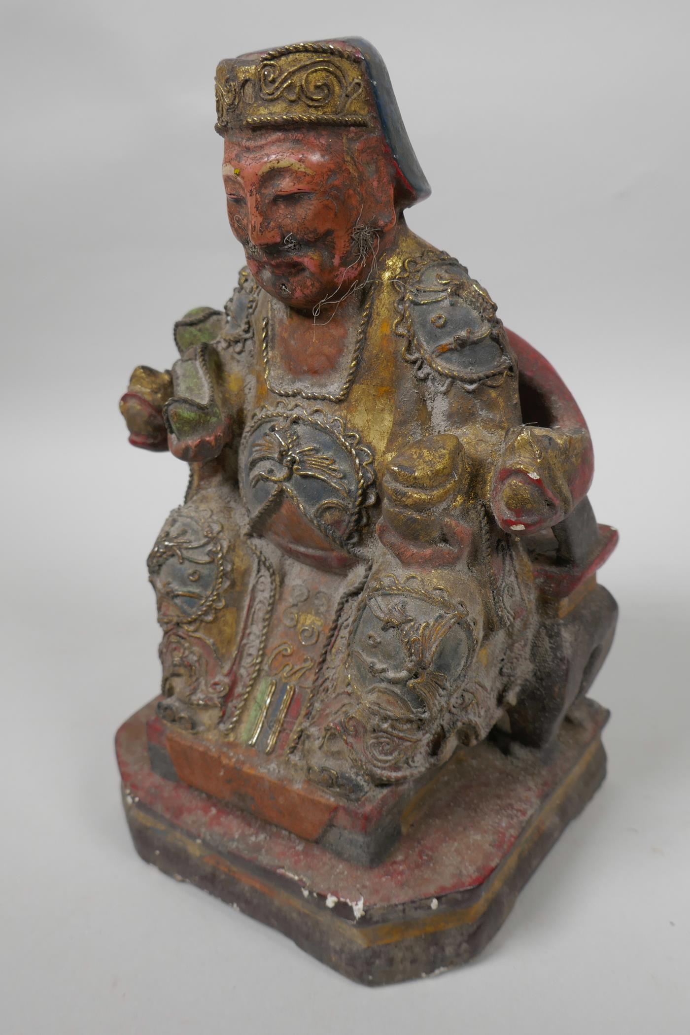 A Chinese painted wooden figure of a dignitary wearing fine robes with wired decoration, seated on a - Image 5 of 5