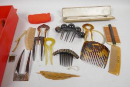 A quantity of hair ornaments including tortoiseshell, carved wood etc