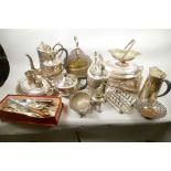 A box of good quality silver plate including a C19th coffee pot, oval tureen, spirit kettle etc