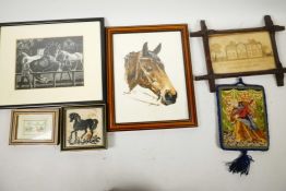 A watercolour hand portrait of a horse, 7" x 8½", together with five other small pictures (6)