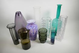 A collection of 1970s/80s studio glass vases, largest 16" high