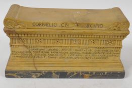 A small Grand Tour Sienna marble model of the Tomb of Scipio, early C19th, lid A/F, 7" long