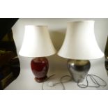 A table lamp of brazed metal construction, 25" high, together with a red glazed ceramic lamp on a
