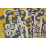 In the manner of Fernand Leger, surrealist family portrait, oil on canvas laid on board, 30" x 20"