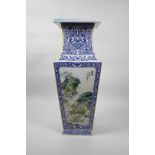 A Chinese blue and white porcelain square form vase with decorative famille verte landscape panels