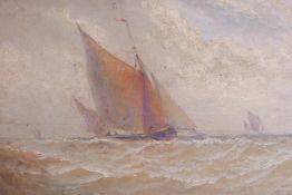 T.H. Kingsbury, Thames barges under sail, early C20th, signed, oil on canvas, 10" x 7"