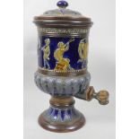 A Doulton Lambeth water filter, the body embossed with cavorting putti, 14" high, lid A/F