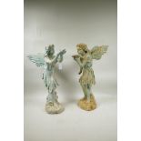 A pair of metal garden figures of fairies, 20" high