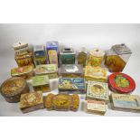 A large collection of C19th and C20th biscuit and other tins, largest 9½" high