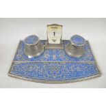 An Eastern blue enamelled metal desk standish with two inkwells and perpetual calendar, 10½" wide