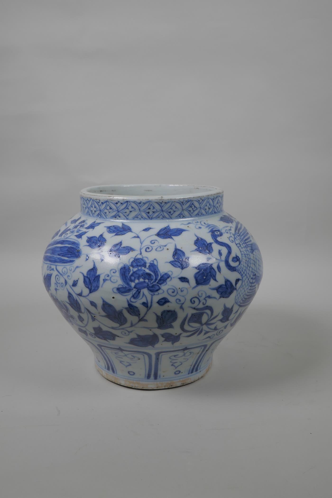 A Chinese blue and white Yuan style jar decorated with phoenix and flowers, 8" high - Image 2 of 4