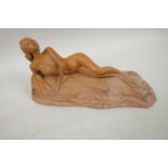 Barbara Stride, a terracotta maquette of a mermaid lying on a rock, 10½" long, signed on base