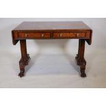 An elm veneered sofa table with ebony inlaid top, two true and two false drawers, raised on