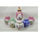 Four porcelain ginger jars and covers, and a similar vase, all decorated in bright enamels, vase 9½"