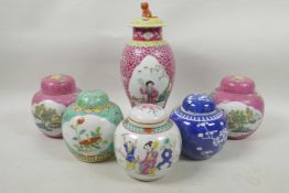 Four porcelain ginger jars and covers, and a similar vase, all decorated in bright enamels, vase 9½"