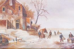 After Abraham Hulk, Dutch winter scene with figures skating, 18½" x 10"