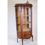 A late C19th/early C20th French Vernis Martin inlaid tulipwood vitrine with ormolu mounts, one glass