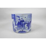 A Chinese blue and white brush pot decorated with a noble and his attendants, 6 character mark to