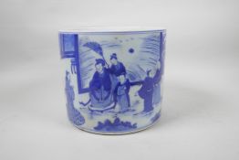 A Chinese blue and white brush pot decorated with a noble and his attendants, 6 character mark to