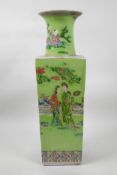 A Chinese famille verte porcelain square section vase decorated with women in a garden landscape,