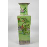 A Chinese famille verte porcelain square section vase decorated with women in a garden landscape,