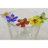 A set of six glass swizzle sticks, each with different coloured glass finials, 4" long