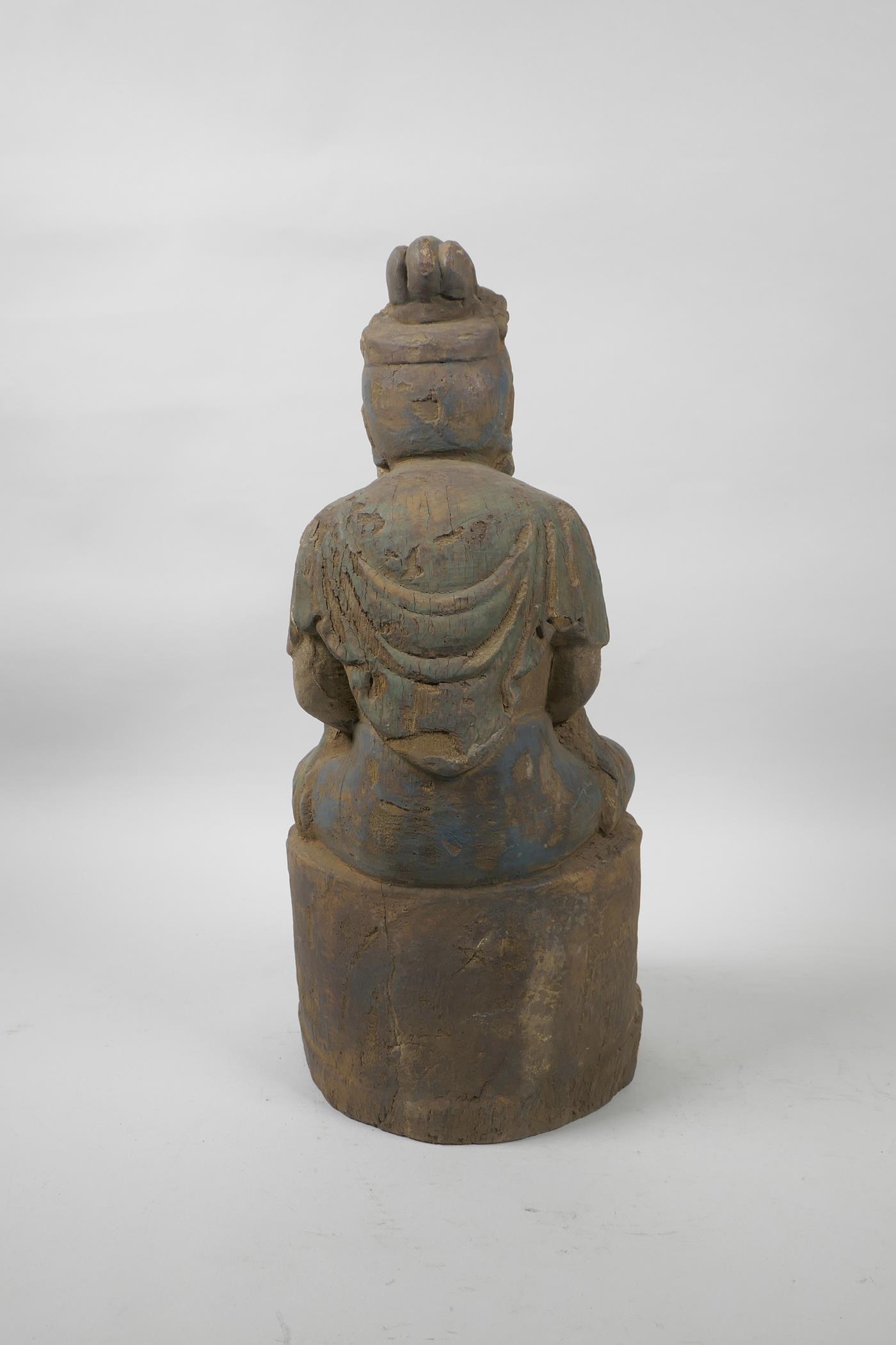 A Chinese painted and distressed carved wood Buddha seated on a lotus throne, 14½" high - Image 4 of 5