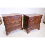 A near pair of mahogany side chests of four long drawers flanked by half columns, raised on