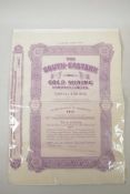 A 1930s 'South Eastern Gold Mining Company Ltd' share certificate for five shares, 12" x 16"