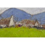 After Paul Henry, Irish landscape with cottages and hills in the distance, oil on board, 23" x 9½"