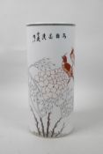 A Chinese polychrome cylinder vase decorated with birds and flowers, inscription verso, seal mark to