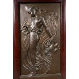 A late C19th Pre-Raphaelite/Art Nouveau bronze bas relief framed panel, featuring Diana, classical