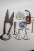 Various collector's items, a pair of early sheep shears, Swiss pipe, blacksmith made candle snuffer,