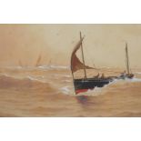 Fishing boats at sea, titled 'A Grey Morning', signed W.H. Pearson, 15" x 25"
