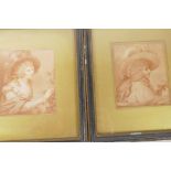 A pair of antique sepia engravings, classical portraits, 3¾" x 4¾", in Hogarth frames