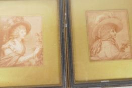 A pair of antique sepia engravings, classical portraits, 3¾" x 4¾", in Hogarth frames