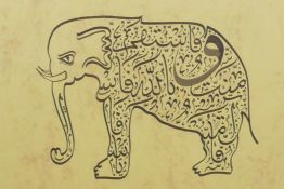 An Islamic calligraphic artwork of an elephant, 9½" x 7½"