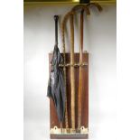 A C19th wall mounted stick stand with patent locking mechanism containing three walking sticks and