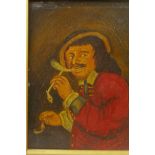 A C19th Continental oil on metal painting of a guilty looking gentleman having a sneaky smoke, 5"
