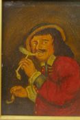 A C19th Continental oil on metal painting of a guilty looking gentleman having a sneaky smoke, 5"