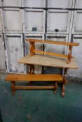 A pine refectory table and two matching benches, 48" x 27", 29½" high
