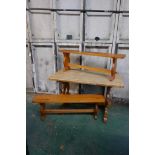 A pine refectory table and two matching benches, 48" x 27", 29½" high