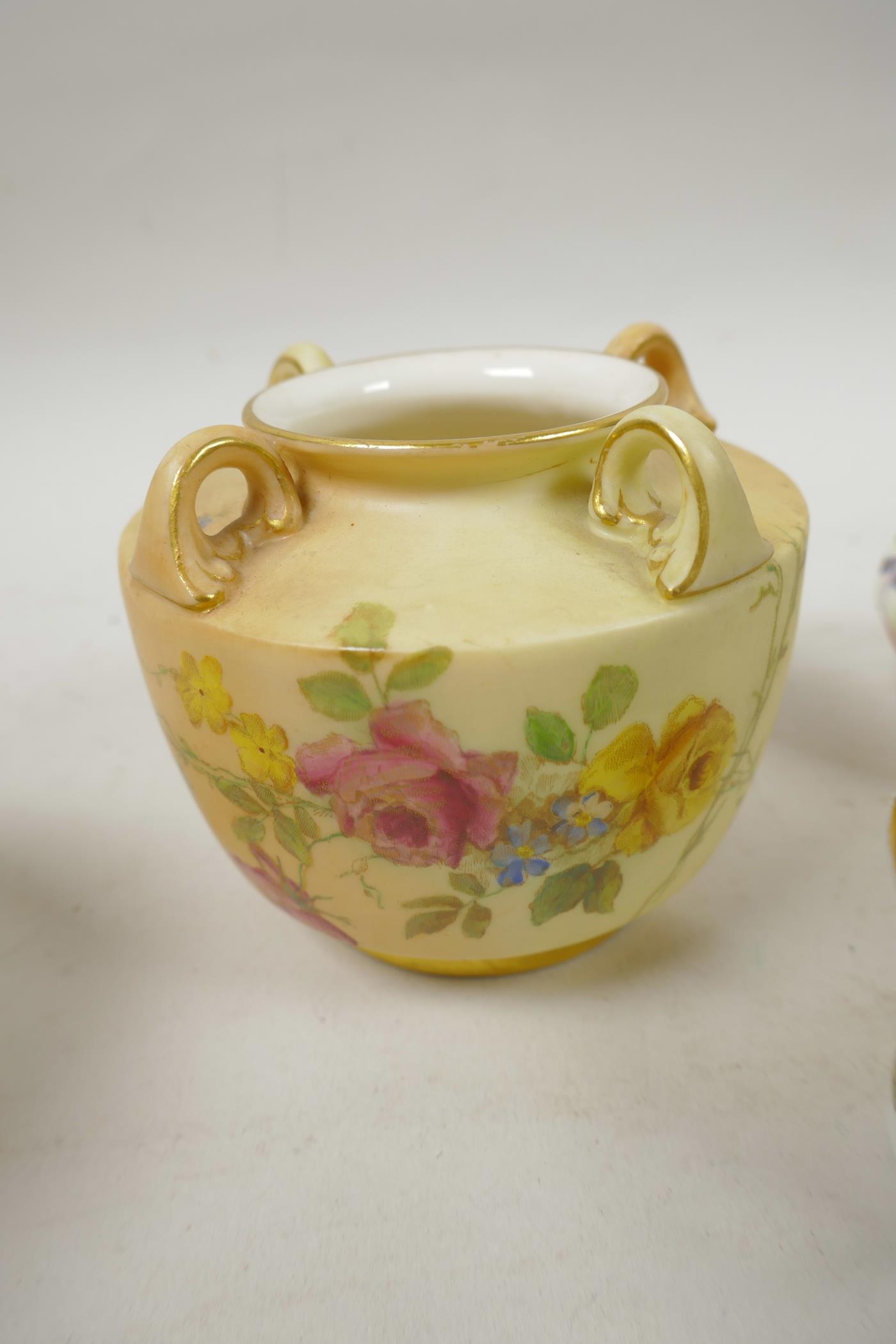 A Royal Worcester blush porcelain squat vase with four loop handles, painted with roses, pattern 99, - Image 3 of 5