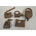 A collection of five antique Oriental padlocks, largest 6" long