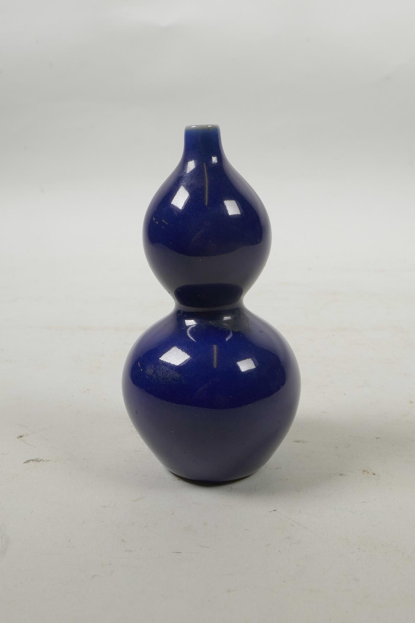 A small Chinese powder blue glazed double gourd vase, seal mark to base, 4" high - Image 2 of 3